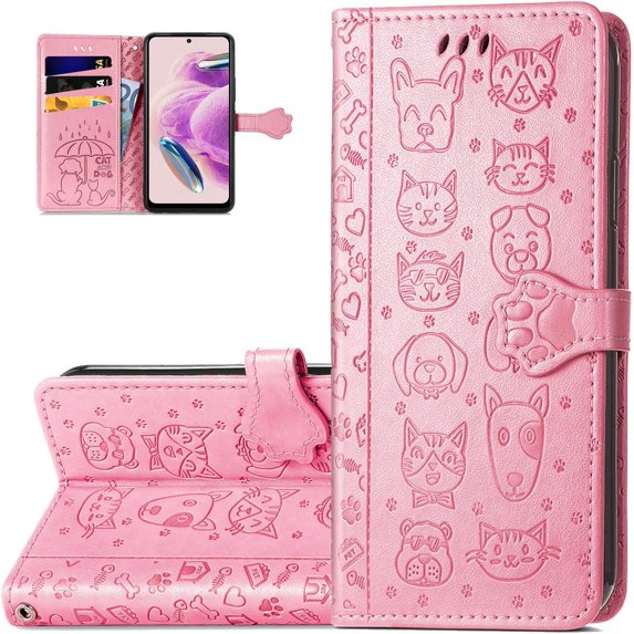 Wallet Phone Case for Redmi Note 12s,Cute Cartoon Cat Dog Pattern PU Leather Case with Magnetic Clasp and Cash Card Slots Holder Cover for Redmi Note 12s,CD Pink