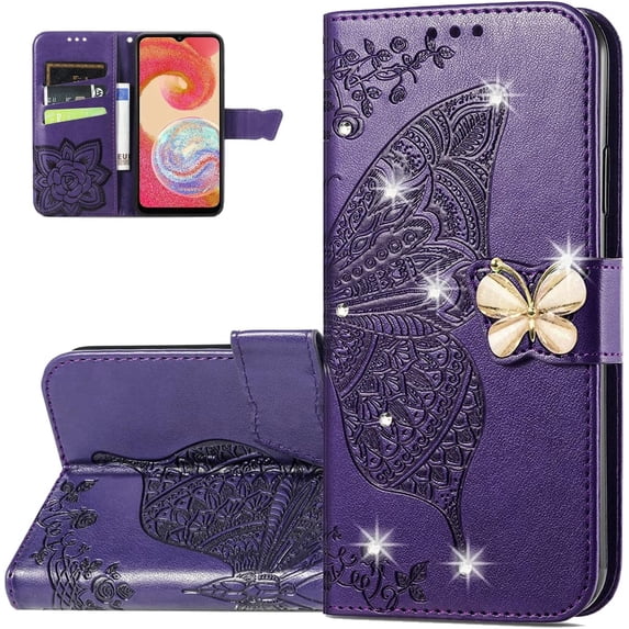 Wallet Phone Case for Samsung Galaxy A04e,3D Butterfly Pattern PU Leather Flip Kickstand Case with Magnetic Clasp and Cash Card Slots Holster for Galaxy A04e, HZD Purple