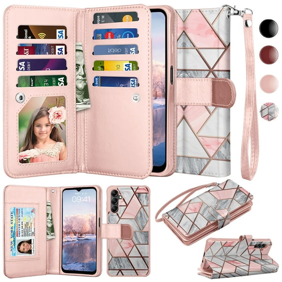 Wallet Phone Case for Samsung Galaxy A14 5G, PU Leather Wallet Case Cover and Cash Credit Card Holder for Women Men, Ebizware Detachable Wallet Case with Magnetic Kickstand & Strap-Marble Pink