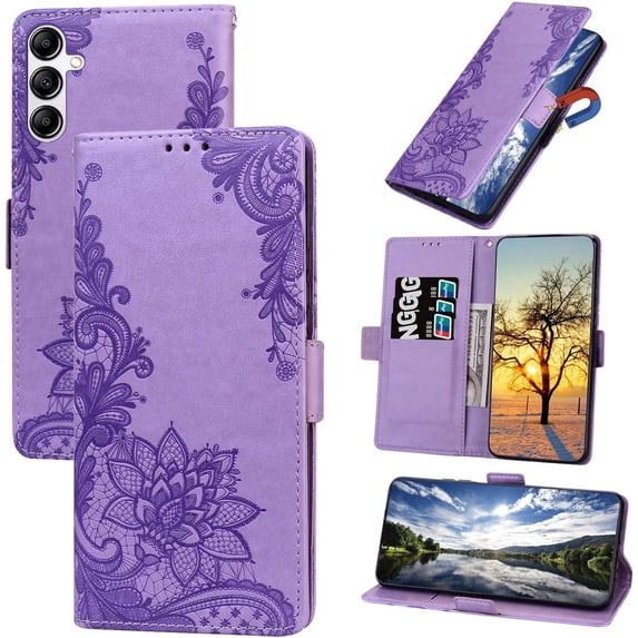 Wallet Phone Case for Samsung Galaxy A14, Lace Flower Shockproof PU Leather Case with Double Buckle and Cash Card Slots Holster for Samsung Galaxy A14 4G/5G,LSSK Purple