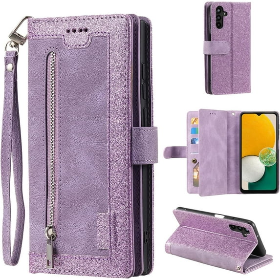 Wallet Phone Case for Samsung Galaxy A15 4G/5G, Retro Matte 9 Card Holder Slots Zipper Pocket Handbag Case PU Leather Magnetic Closure Kickstand with Wrist Strap Flip Folio Purse Case - Purple