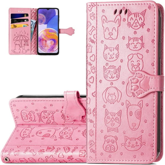 Wallet Phone Case for Samsung Galaxy A23 4G/5G,Cute Cartoon Cat Dog Pattern PU Leather Case with Magnetic Clasp and Cash Card Slots Holder Cover for Galaxy A23 4G/5G, CD Pink