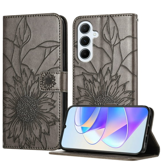 Wallet Phone Case for Samsung Galaxy A36 5G,Emboss Sunflower Design,PU Leather Flip Folding Kickstand,With Card Slots,Magnetic Closure Shockproof Protective Folio Wallet Phone Case,Gray