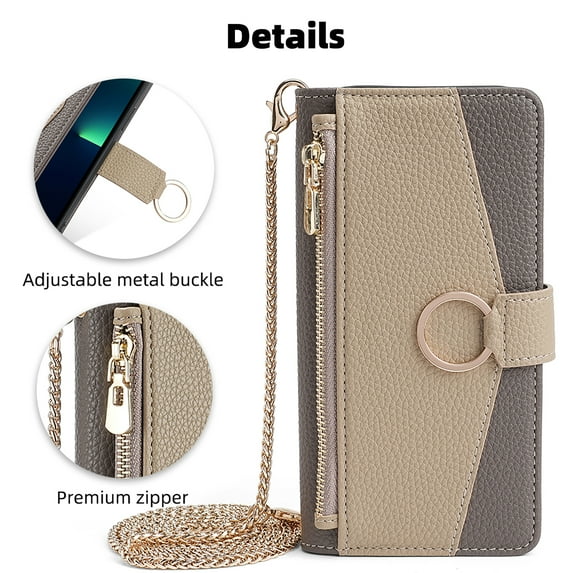 Wallet Phone Case for Samsung Galaxy A36 5G, Zipper Pocket and Card Slots Stand Feature Ring Holder Back Cover with Metal Crossbody Shoulder Strap Stylish Case for Samsung Galaxy A36 5G, Gray