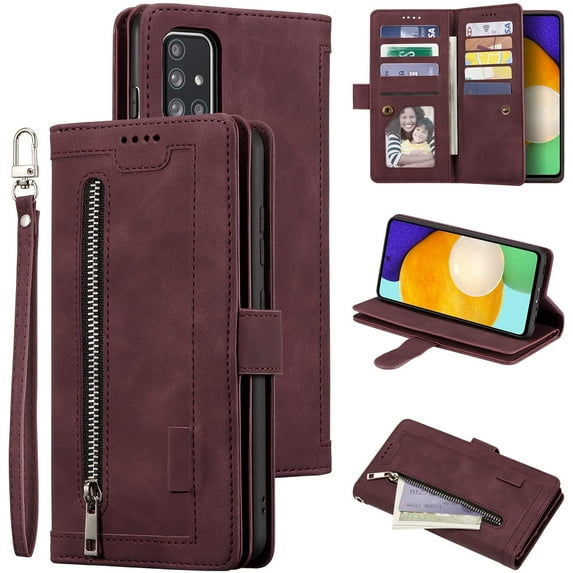 Wallet Phone Case for Samsung Galaxy A51(4G), Retro Matte 9 Card Holder Slots Zipper Pocket Case PU Leather Magnetic Closure Kickstand with Wrist Strap Shockproof Folio Flip Case-Wine Red