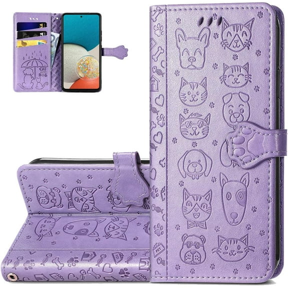Wallet Phone Case for Samsung Galaxy A53 5G,Cute Cartoon Cat Dog Pattern PU Leather Case with Magnetic Clasp and Cash Card Slots Holder Cover for Samsung Galaxy A53 5G CD Purple