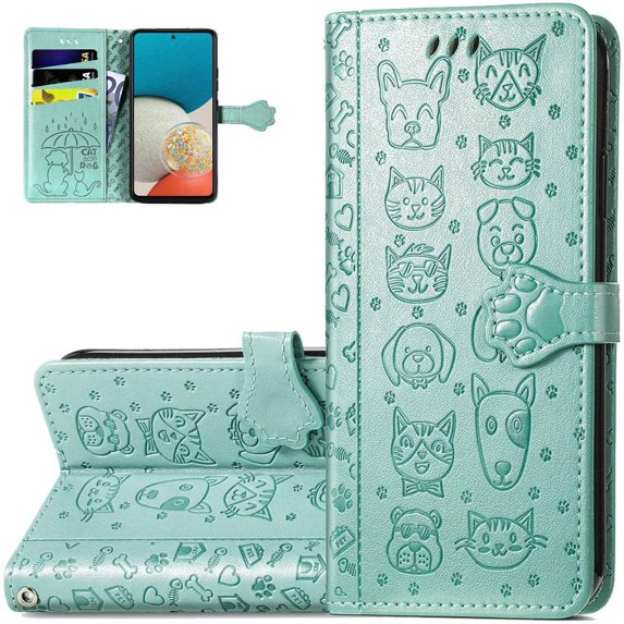 Wallet Phone Case for Samsung Galaxy A53 5G,Cute Cartoon Cat Dog Pattern PU Leather Case with Magnetic Clasp and Cash Card Slots Holder Cover for Samsung Galaxy A53 5G CD Green