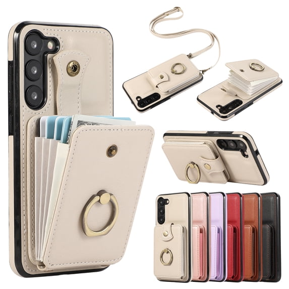 Wallet Phone Case for Samsung Galaxy S21, Crossbody Shoulder Strap Multiple Cards Holder RFID Blocking Shockproof Bumper Ring Holder Kickstand Feature Protective Case for Women Girls, Beige