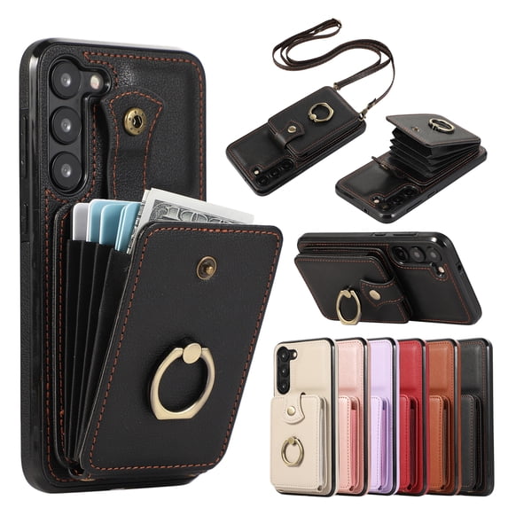 Wallet Phone Case for Samsung Galaxy S21, Crossbody Shoulder Strap Multiple Cards Holder RFID Blocking Shockproof Bumper Ring Holder Kickstand Feature Protective Case for Women Girls, Black