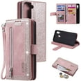 thumbnail image 1 of Wallet Phone Case for Samsung Galaxy S21 FE, Retro Matte 9 Card Holder Slots Zipper Pocket Case PU Leather Magnetic Closure Kickstand with Wrist Strap Shockproof Folio Flip Case - Rose Gold, 1 of 15