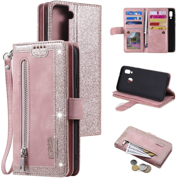 Wallet Phone Case for Samsung Galaxy S21 FE, Retro Matte 9 Card Holder Slots Zipper Pocket Case PU Leather Magnetic Closure Kickstand with Wrist Strap Shockproof Folio Flip Case - Rose Gold