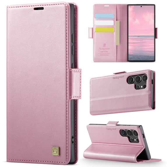 Wallet Phone Case for Samsung Galaxy S21 Ultra with Credit Card Slot, RFID Blocking PU Leather Flip Case with Kickstand Support Wireless Charging Shockproof Bumper for Women Men, Rosegold