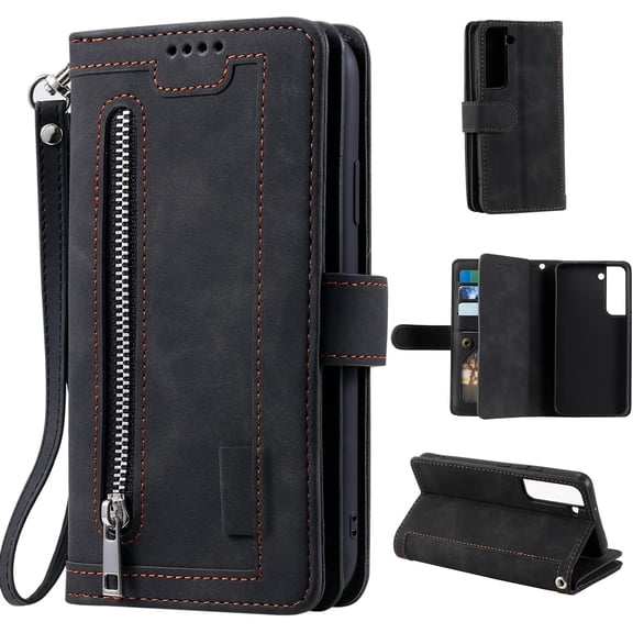 Wallet Phone Case for Samsung Galaxy S22 5G, Retro Matte 9 Card Holder Slots Zipper Pocket Case PU Leather Magnetic Closure Kickstand with Wrist Strap Shockproof Folio Flip Case - Black