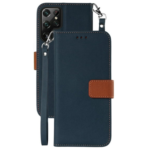 Wallet Phone Case for Samsung Galaxy S22 Ultra 5G, [Navy Blue/Brown] Folio Credit Card Slot ID Cover, View Stand [Magnetic Closure, Wrist Strap Lanyard]