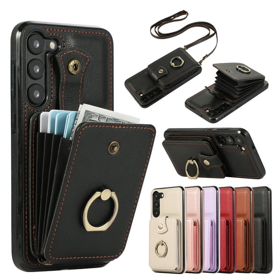Wallet Phone Case for Samsung Galaxy S23, Crossbody Shoulder Strap Multiple Cards Holder RFID Blocking Shockproof Bumper Ring Holder Kickstand Feature Protective Case for Women Girls, Black