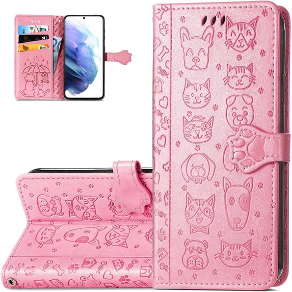 Wallet Phone Case for Samsung Galaxy S23 FE,Cute Cartoon Cat Dog Pattern PU Leather Case with Magnetic Clasp and Cash Card Slots Holder Holster for Samsung Galaxy S23 FE,CD Pink