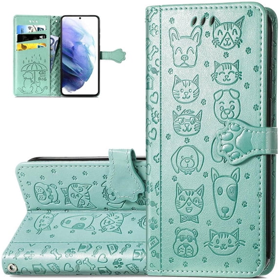 Wallet Phone Case for Samsung Galaxy S23 FE,Cute Cartoon Cat Dog Pattern PU Leather Case with Magnetic Clasp and Cash Card Slots Holder Holster for Samsung Galaxy S23 FE,CD Green
