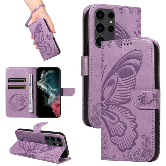 Wallet Phone Case for Samsung Galaxy S23 Ultra with Credit Card Slot, PU Leather Flip Case with Lanyard for Women Girls Military Grade Drop Protection for Samsung Galaxy S23 Ultra, Purple