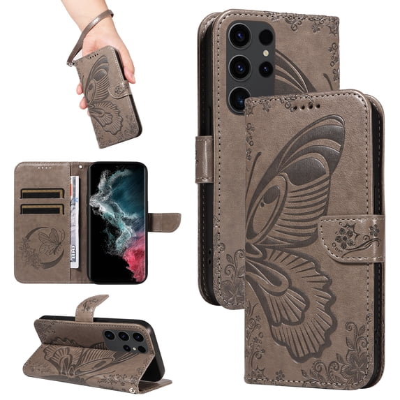Wallet Phone Case for Samsung Galaxy S23 Ultra with Credit Card Slot, PU Leather Flip Case with Lanyard for Women Girls Military Grade Drop Protection for Samsung Galaxy S23 Ultra, Grey