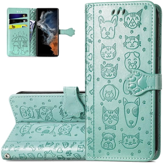 Wallet Phone Case for Samsung Galaxy S23 Ultra,Cute Cartoon Cat Dog Pattern PU Leather Case with Magnetic Clasp and Cash Card Slots Holder Holster for Galaxy S23 Ultra,CD Green