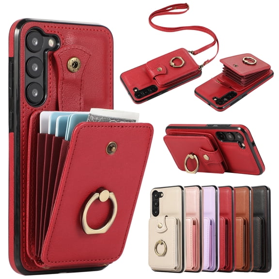 Wallet Phone Case for Samsung Galaxy S24, Crossbody Shoulder Strap Multiple Cards Holder RFID Blocking Shockproof Bumper Ring Holder Kickstand Feature Protective Case for Women Girls, Red