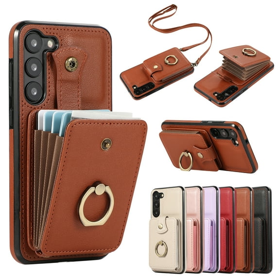 Wallet Phone Case for Samsung Galaxy S24, Crossbody Shoulder Strap Multiple Cards Holder RFID Blocking Shockproof Bumper Ring Holder Kickstand Feature Protective Case for Women Girls, Brown