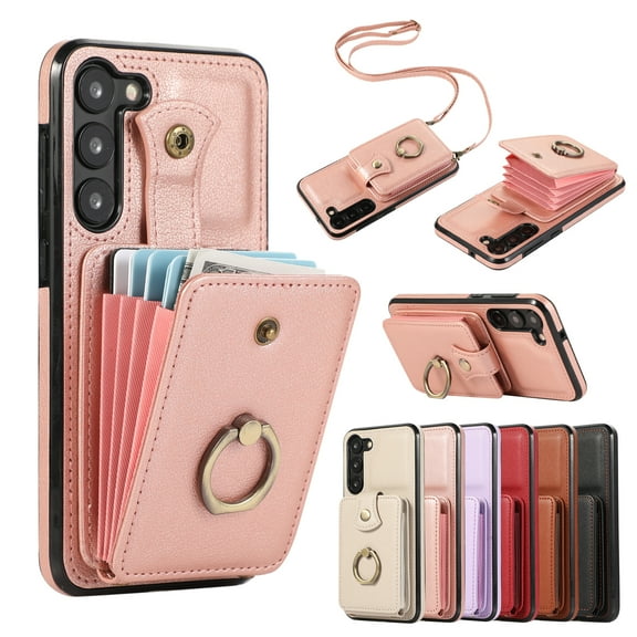 Wallet Phone Case for Samsung Galaxy S24 FE, Crossbody Shoulder Strap Multiple Cards Holder RFID Blocking Shockproof Bumper Ring Holder Kickstand Feature Protective Case for Women Girls, Rosegold