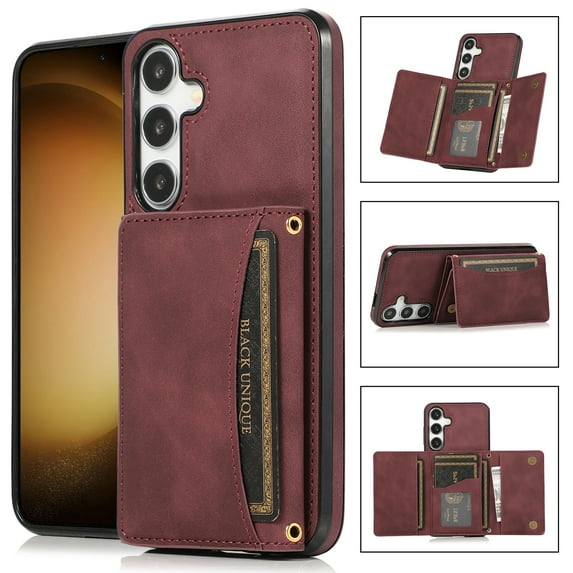 Wallet Phone Case for Samsung Galaxy S24+ Plus, Retro PU Leather Multiple Cards Slots Cash Holder Drop Protection RFID Blocking Bumper Shockproof Case for Women Men, Winered