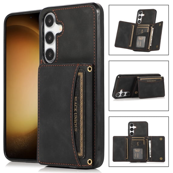 Wallet Phone Case for Samsung Galaxy S24, Retro PU Leather Multiple Cards Slots Cash Holder Drop Protection RFID Blocking Bumper Shockproof Case for Women Men, Black