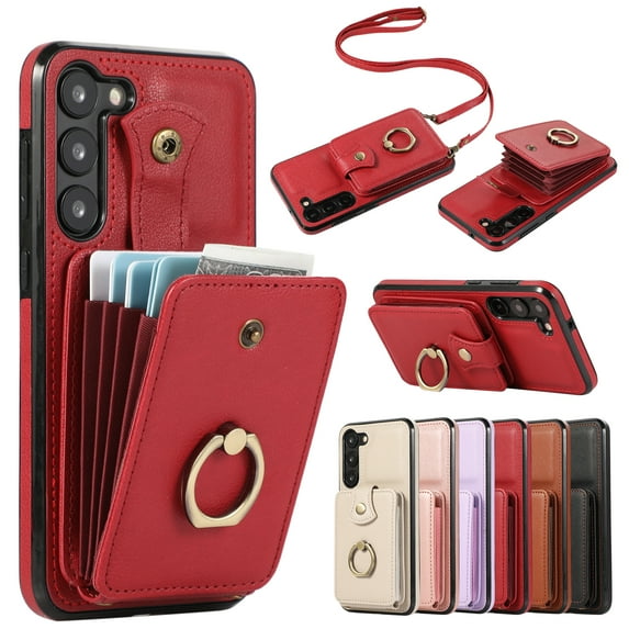Wallet Phone Case for Samsung Galaxy S25, Crossbody Shoulder Strap Multiple Cards Holder RFID Blocking Shockproof Bumper Ring Holder Kickstand Feature Protective Case for Women Girls, Red