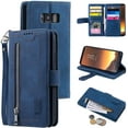 thumbnail image 1 of Wallet Phone Case for Samsung Galaxy S8, Retro Matte 9 Card Slots Holder Zipper Pocket Case PU Leather Magnetic Closure Kickstand with Wrist Strap Shockproof Folio Flip Case - Blue, 1 of 11