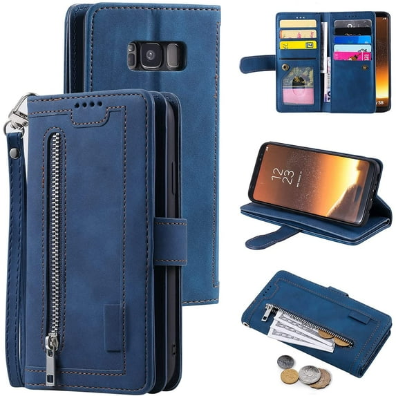 Wallet Phone Case for Samsung Galaxy S8, Retro Matte 9 Card Slots Holder Zipper Pocket Case PU Leather Magnetic Closure Kickstand with Wrist Strap Shockproof Folio Flip Case - Blue