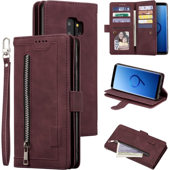Wallet Phone Case for Samsung Galaxy S9 Plus, Retro Matte 9 Card Slots Holder Zipper Pocket Case PU Leather Magnetic Closure Kickstand with Wrist Strap Shockproof Folio Flip Case - Wine Red