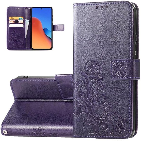 Wallet Phone Case for Redmi 12,Four Leaf Clover Pattern PU Leather Case with Magnetic Clasp and Cash Card Slots Holster for Redmi 12,SYC Purple