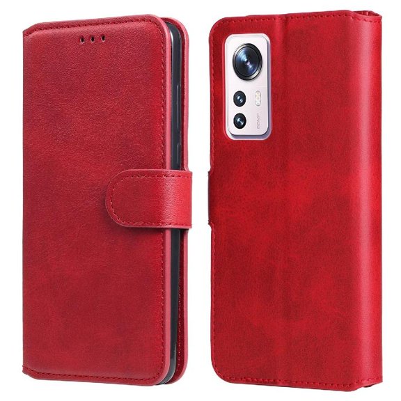 Wallet Phone Case for Xiaomi 12 with Card Holder and Stand Function Red