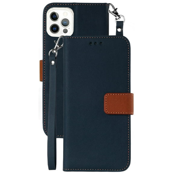 Wallet Phone Case for iPhone 13 Pro Max, [Navy Blue/Brown] Folio Credit Card Slot ID Cover, View Stand [Magnetic Closure, Wrist Strap Lanyard]