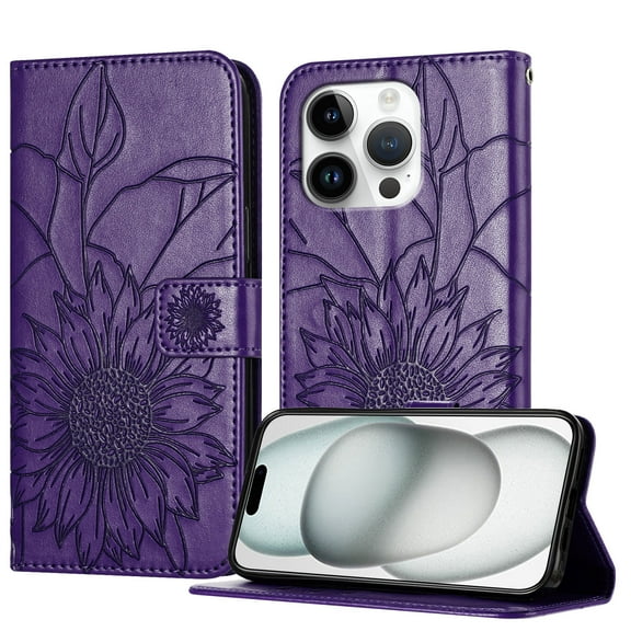 Wallet Phone Case for iPhone 11 Pro Max,Emboss Sunflower Design,PU Leather Flip Folding Kickstand,With Card Slots,Magnetic Closure Shockproof Protective Folio Wallet Phone Case,Darkpurple