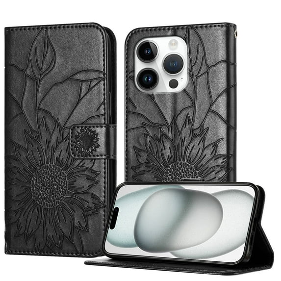 Wallet Phone Case for iPhone 12 Pro Max,Emboss Sunflower Design,PU Leather Flip Folding Kickstand,With Card Slots,Magnetic Closure Shockproof Protective Folio Wallet Phone Case,Black