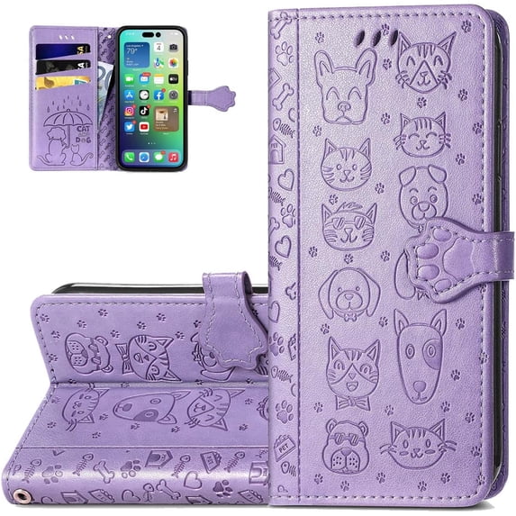 Wallet Phone Case for iPhone 14 (Not 14 Pro),Cute Cartoon Cat Dog Pattern PU Leather Case with Magnetic Clasp and Cash Card Slots Holder Cover for iPhone 14 (Not 14 Pro),CD Purple