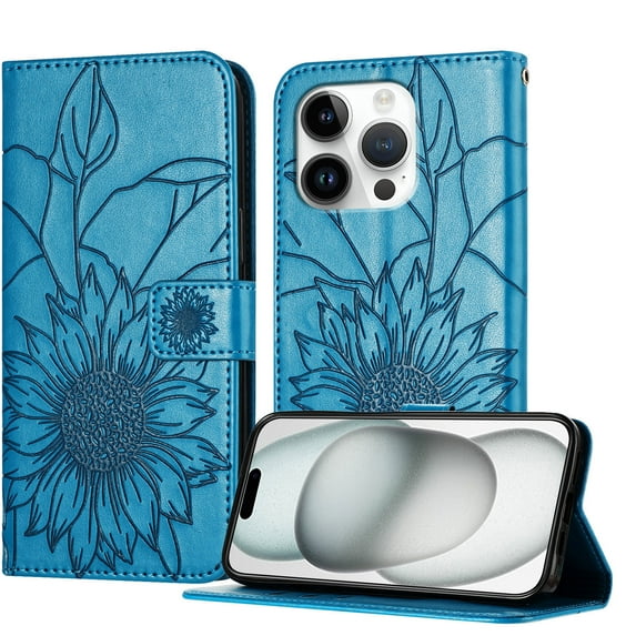 Wallet Phone Case for iPhone 14 Pro,Emboss Sunflower Design,PU Leather Flip Folding Kickstand,With Card Slots,Magnetic Closure Shockproof Protective Folio Wallet Phone Case,Blue