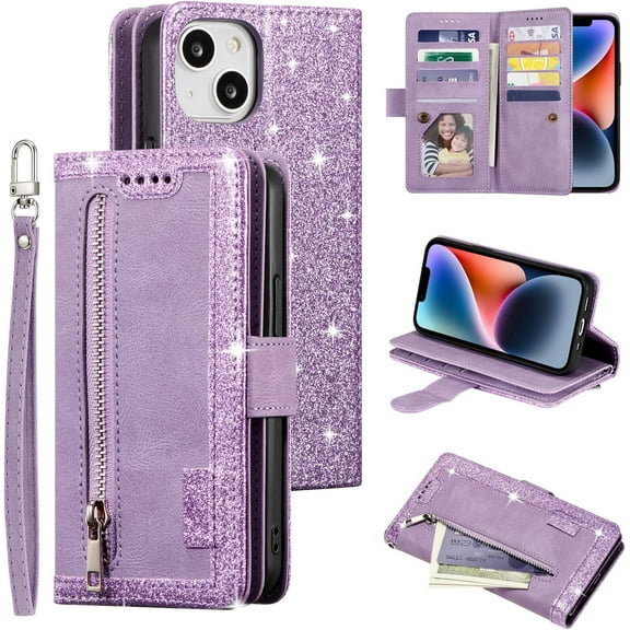Wallet Phone Case for iPhone 15 Plus, Retro Matte 9 Card Holder Slots Zipper Pocket Handbag Case Premium PU Leather Magnetic Closure Kickstand with Wrist Strap Flip Folio Purse Case - Purple