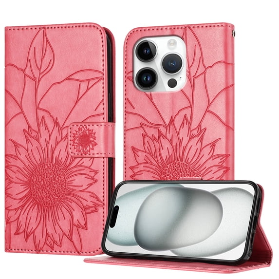 Wallet Phone Case for iPhone 15 Pro Max,Emboss Sunflower Design,PU Leather Flip Folding Kickstand,With Card Slots,Magnetic Closure Shockproof Protective Folio Wallet Phone Case,Rose