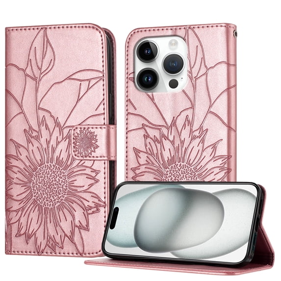 Wallet Phone Case for iPhone 15 Pro Max,Emboss Sunflower Design,PU Leather Flip Folding Kickstand,With Card Slots,Magnetic Closure Shockproof Protective Folio Wallet Phone Case,Rosegold