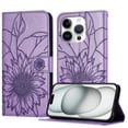 thumbnail image 1 of Wallet Phone Case for iPhone 15 Pro Max,Emboss Sunflower Design,PU Leather Flip Folding Kickstand,With Card Slots,Magnetic Closure Shockproof Protective Folio Wallet Phone Case,Purple, 1 of 6