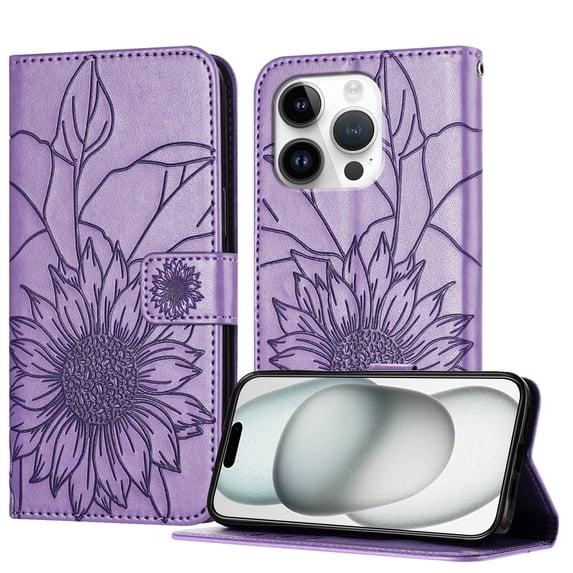 Wallet Phone Case for iPhone 15 Pro Max,Emboss Sunflower Design,PU Leather Flip Folding Kickstand,With Card Slots,Magnetic Closure Shockproof Protective Folio Wallet Phone Case,Purple