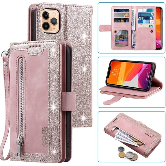 Wallet Phone Case for iPhone 15 Pro Max, Retro Matte 9 Card Holder Slots Zipper Pocket Handbag Premium PU Leather Closure Kickstand with Wrist Strap Flip Folio Purse Case - Rose Gold