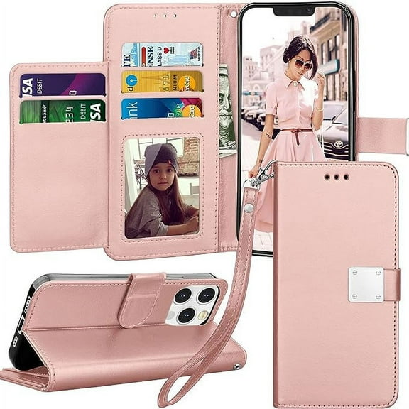 Wallet Phone Case for iPhone 15 Pro, Shockproof Kickstand Flip Case for Apple iPhone 15 Pro (2023 Release) with Credit Card Holder for Men/Girls Women,Rose
