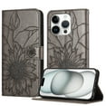 thumbnail image 1 of Wallet Phone Case for iPhone 16 Pro,Emboss Sunflower Design,PU Leather Flip Folding Kickstand,With Card Slots,Magnetic Closure Shockproof Protective Folio Wallet Phone Case,Gray, 1 of 6