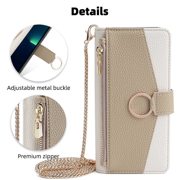 Wallet Phone Case for iPhone 16, Zipper Pocket and Card Slots Stand Feature Ring Holder Back Cover with Metal Crossbody Shoulder Strap Stylish Case for iPhone 16, White