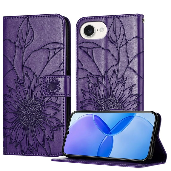 Wallet Phone Case for iPhone 16e,Emboss Sunflower Design,PU Leather Flip Folding Kickstand,With Card Slots,Magnetic Closure Shockproof Protective Folio Wallet Phone Case,Darkpurple